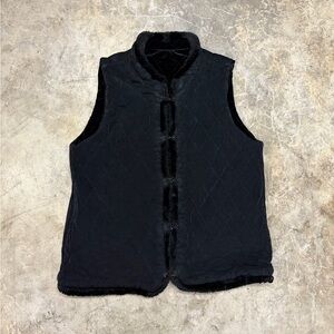 Y2K Style Vest Black Faux Fur Trim Reversible Quilted Size Large